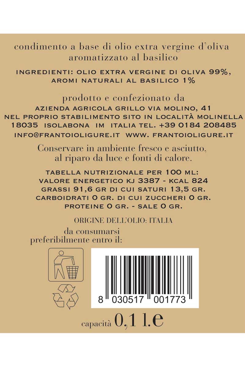 Condimento a base di Olio Extra Vergine di Oliva Aromatizzato al Basilico 100 ml