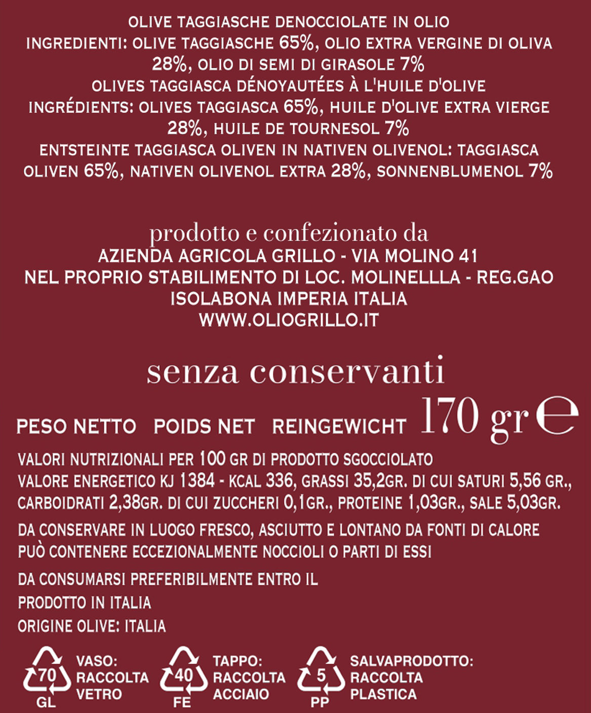 Olive Taggiasche denocciolate in olio 170 gr