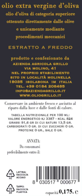 Olio Extra vergine d'oliva Taggiasca 0,175 L