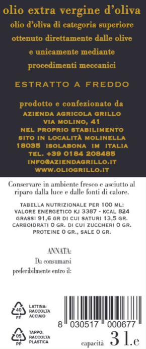 Olio Extra Vergine d'oliva Taggiasca 3L