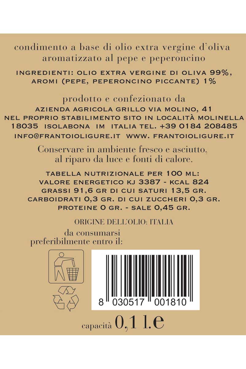 Condimento a base di Olio Extra Vergine di Oliva Aromatizzato al Pepe e Peperoncino 100 ml