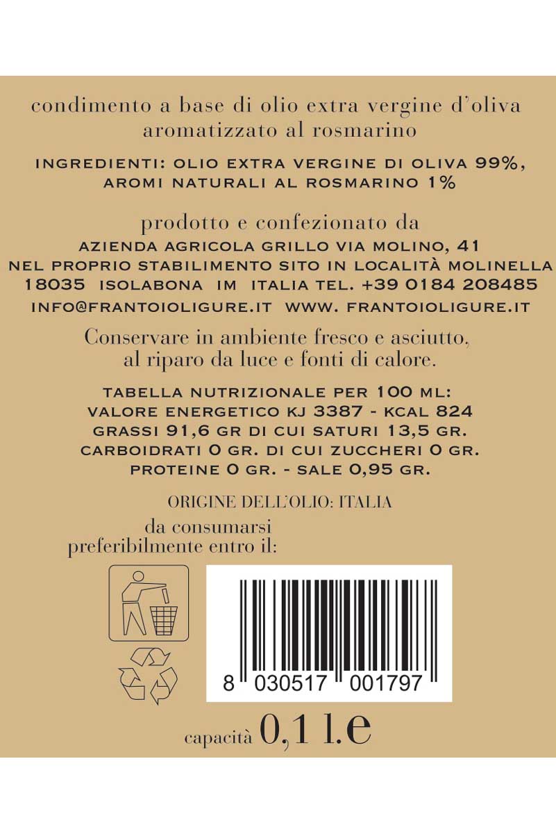 Condimento a base di Olio Extra Vergine di Oliva Aromatizzato al Rosmarino 100 ml