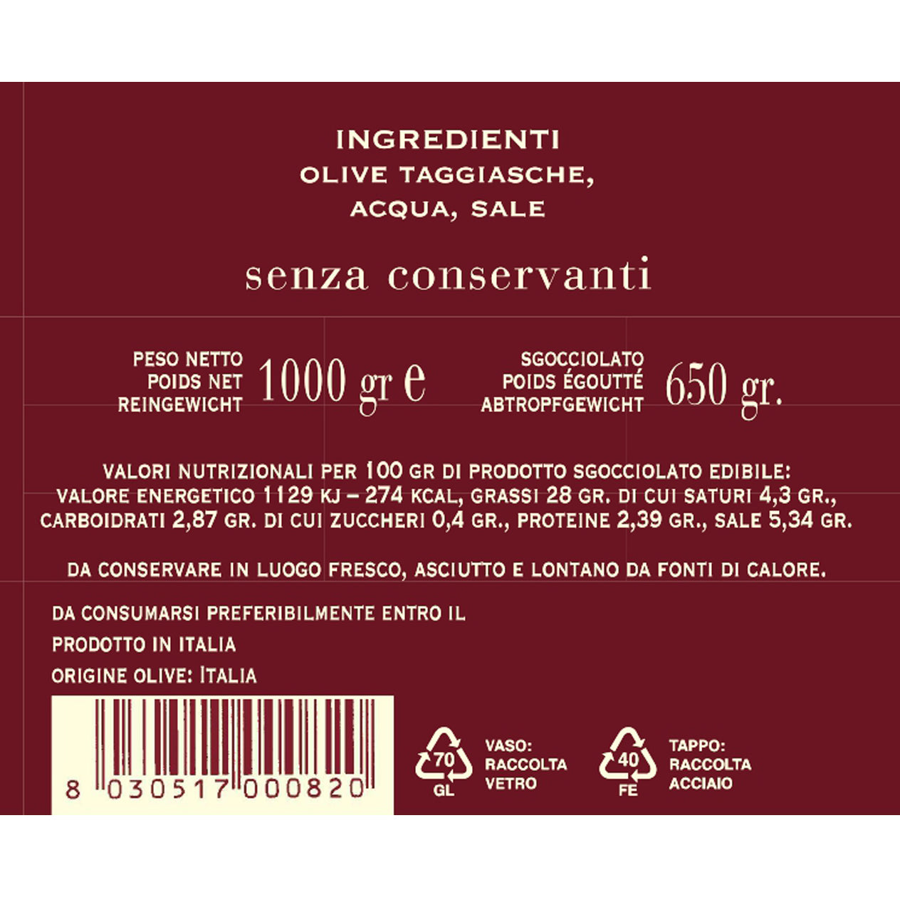 Olive Taggiasche in salamoia 650 gr